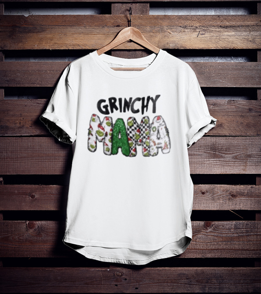 Grinchy Mama Holiday Checkerboard And Santa Hat T-Shirt