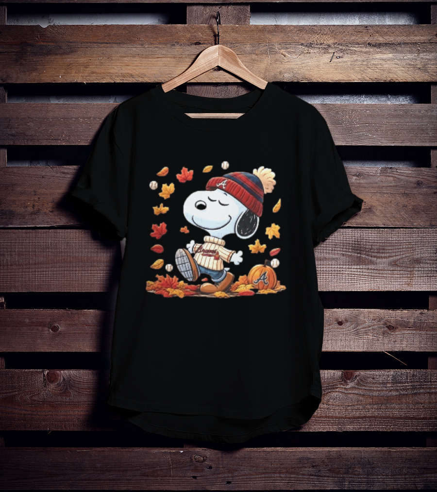 Atlanta Braves Snoopy Walking In Autumn Leaves With Pumpkin Baseballs Cartoon T-Shirt
