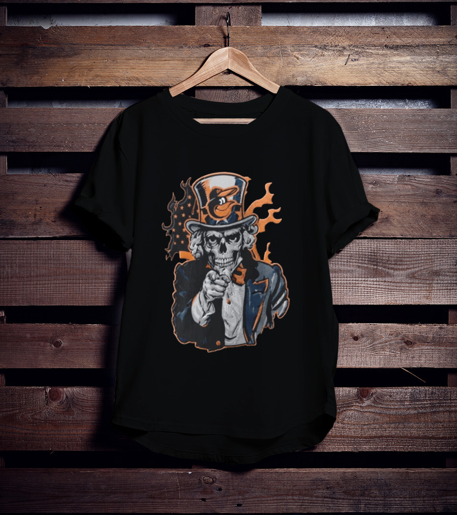 Baltimore Orioles Skeleton Uncle Sam Pointing Flames American Flag Hat T-Shirt
