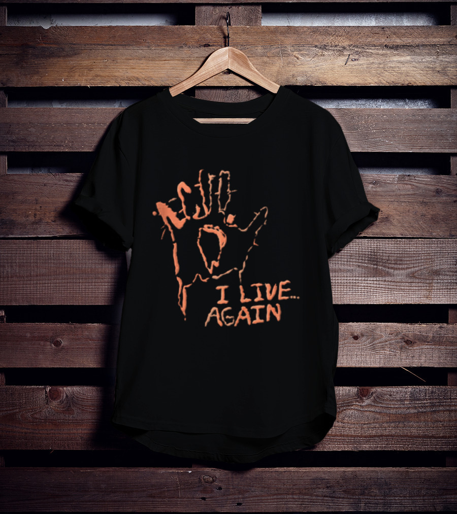 I Live Again Red Spiky Handprint Burning Hole In Palm Distressed Halloween T-Shirt