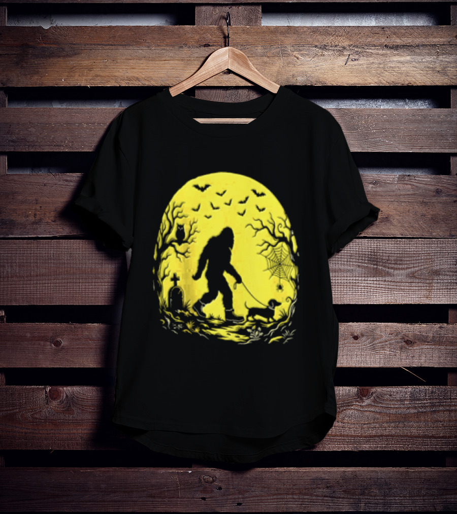 Bigfoot Walking Dachshund Under Full Moon Halloween Night T-Shirt