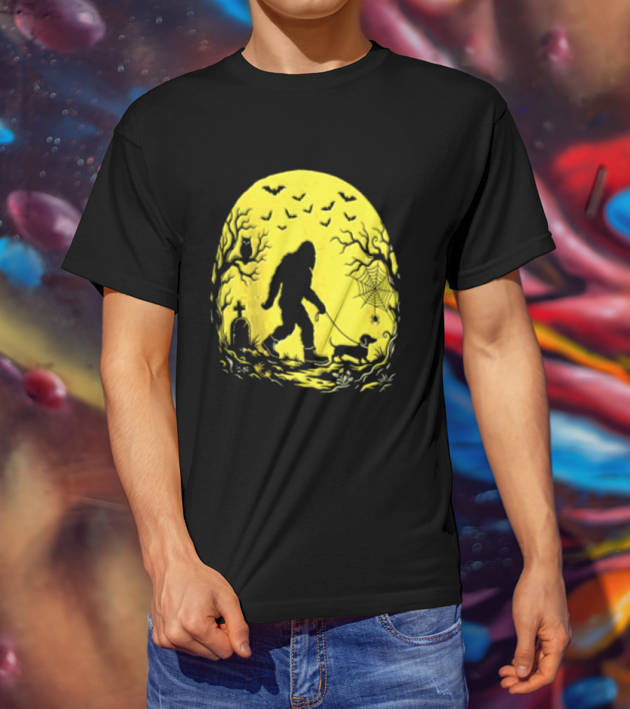 Bigfoot Walking Dachshund Under Full Moon Halloween Night T-Shirt