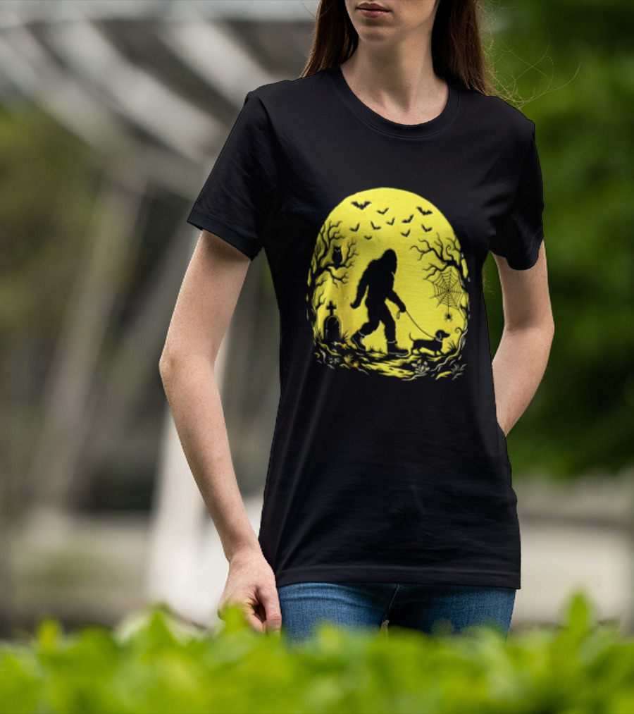 Bigfoot Walking Dachshund Under Full Moon Halloween Night T-Shirt