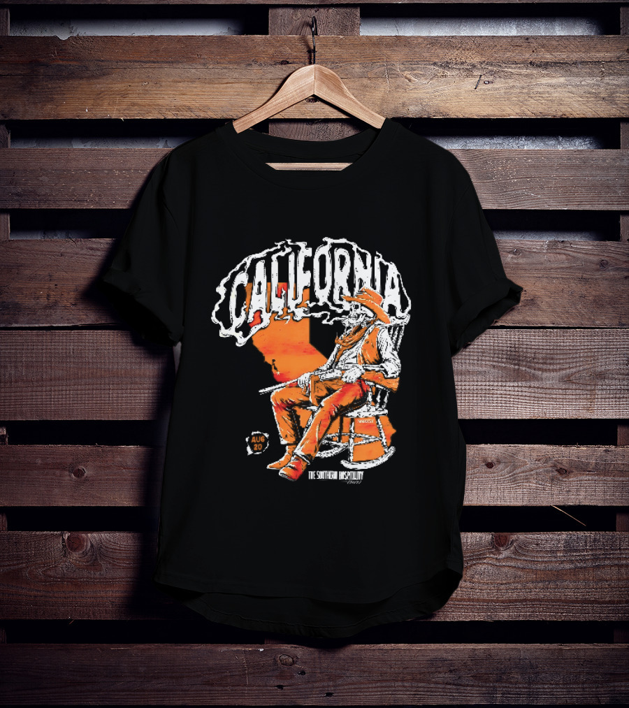 California Skeleton Cowboy Southern Hospitality Tour Aug 20 Rocking Chair Rifle Map T-Shirt