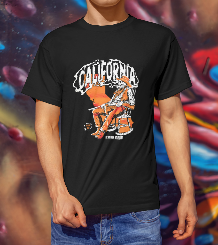 California Skeleton Cowboy Southern Hospitality Tour Aug 20 Rocking Chair Rifle Map T-Shirt