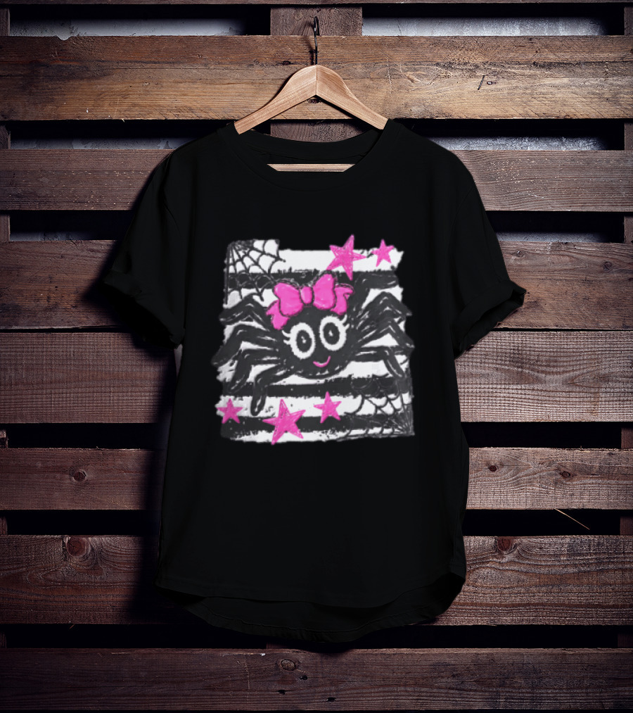 Cartoon Black Spider Big Eyes Pink Bow Stripes Webs Stars T-Shirt