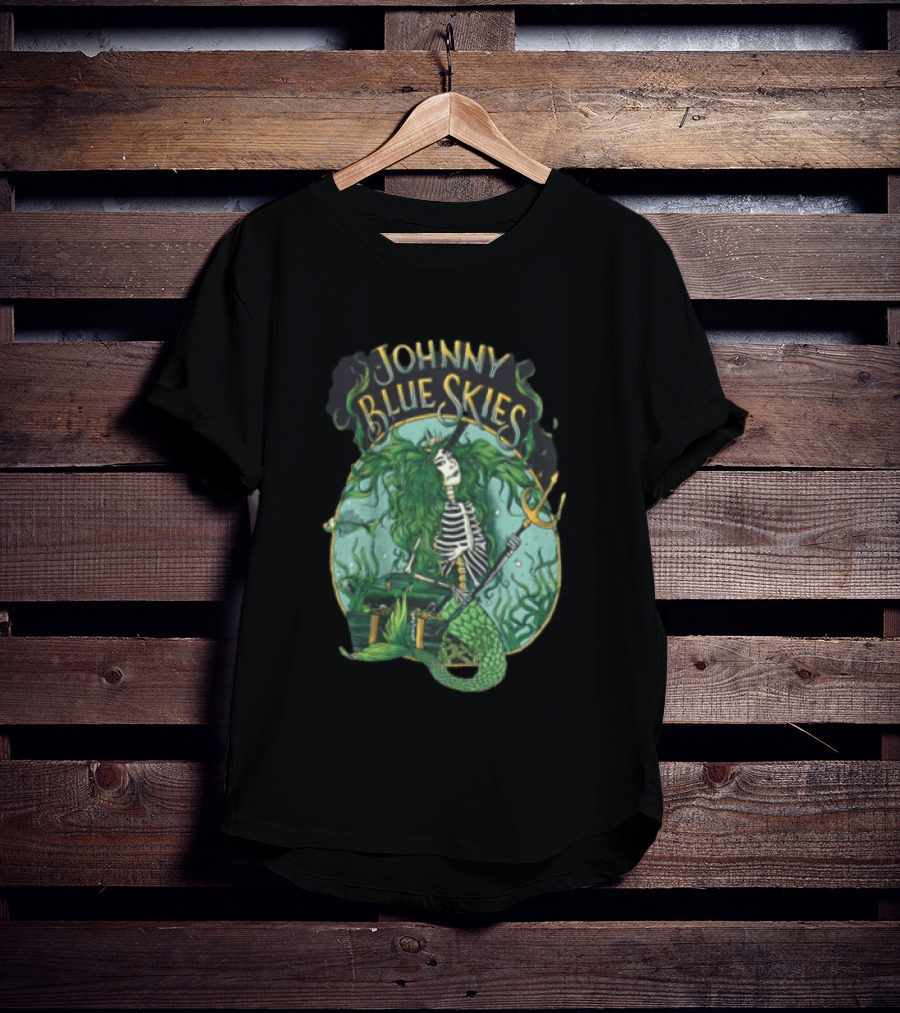 Johnny Blue Skies Skeleton Mermaid Adventure With Trident And Treasure T-Shirt