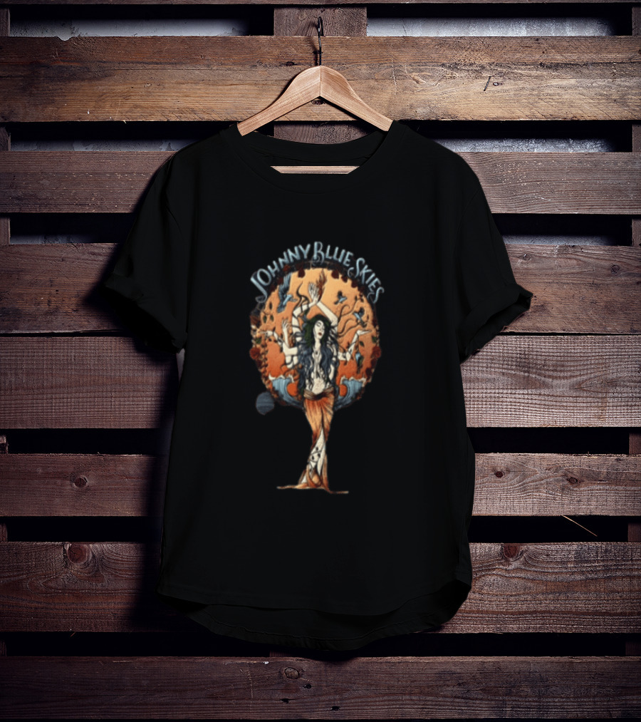 Johnny Blue Skies Ocean Goddess Mythical Woman Surrounded By Birds T-Shirt