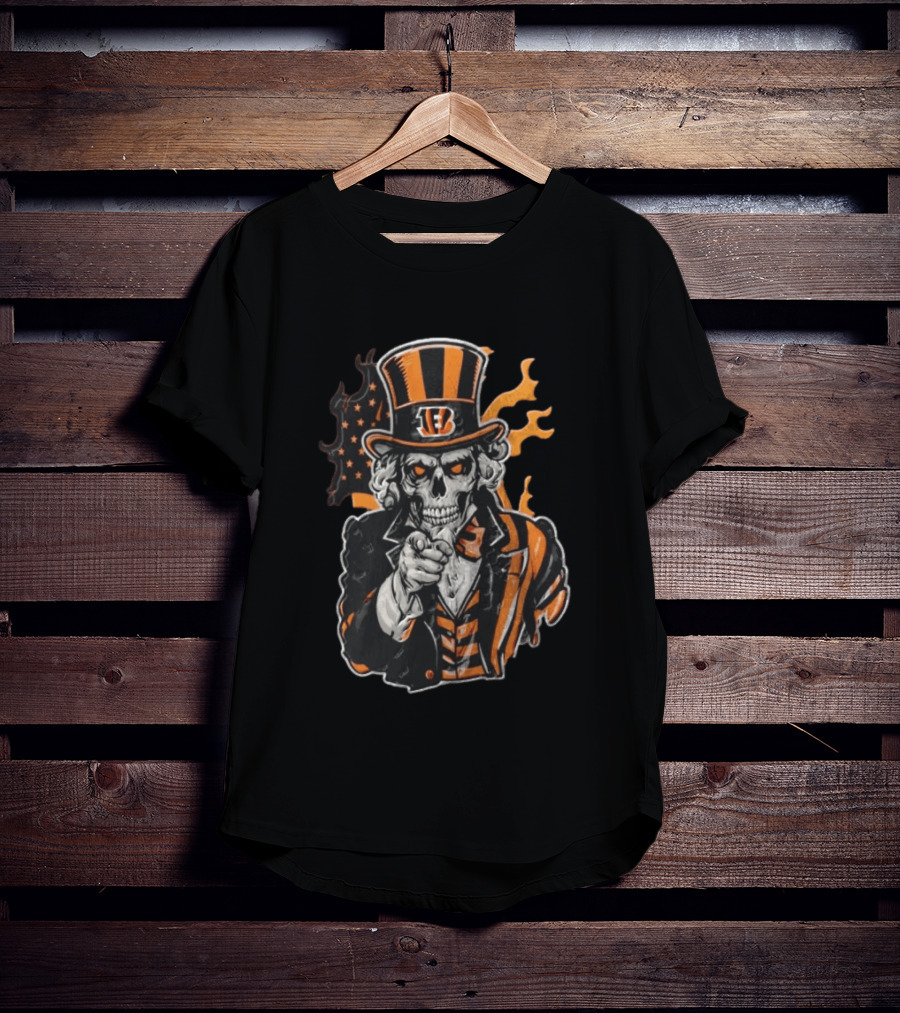 Cincinnati Bengals Skeleton Uncle Sam Pointing Tiger Head Iconic Style Fan Favorite T-Shirt