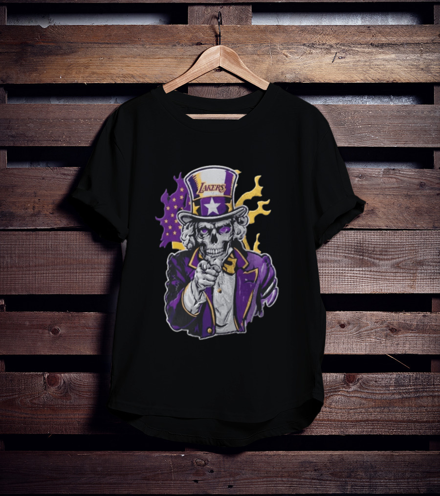 Los Angeles Lakers Skeleton Uncle Sam Purple Flames T-Shirt