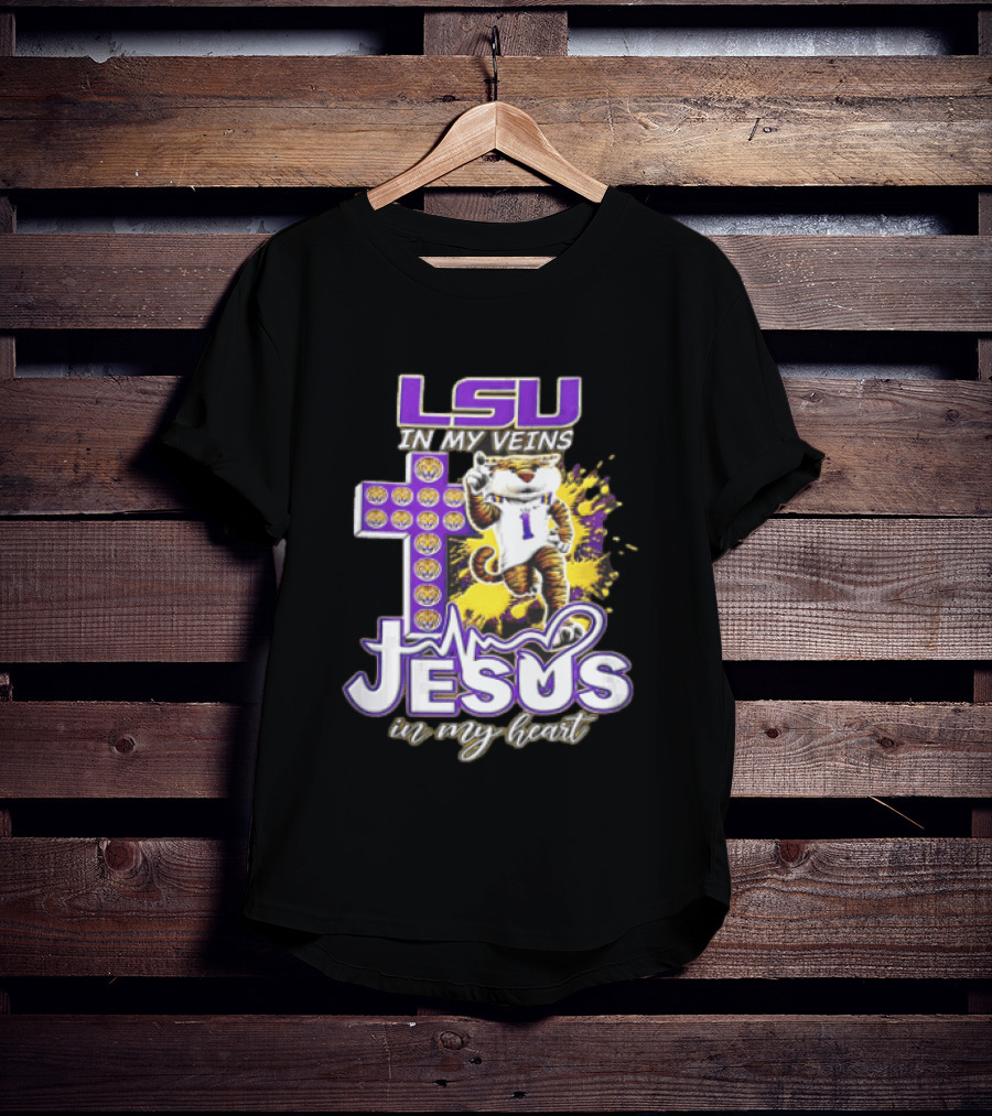 LSU In My Veins Jesus In My Heart Tiger Purple Cross EKG T-Shirt