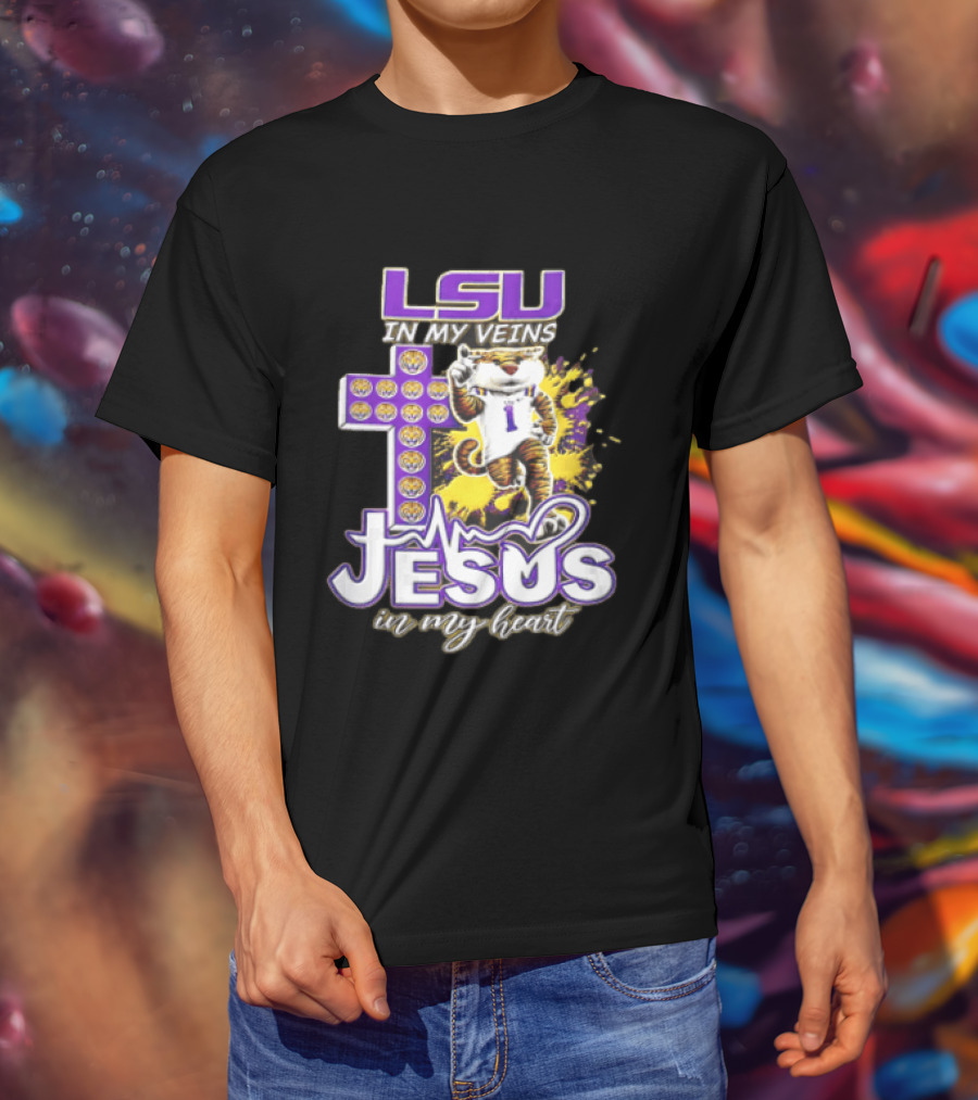 LSU In My Veins Jesus In My Heart Tiger Purple Cross EKG T-Shirt