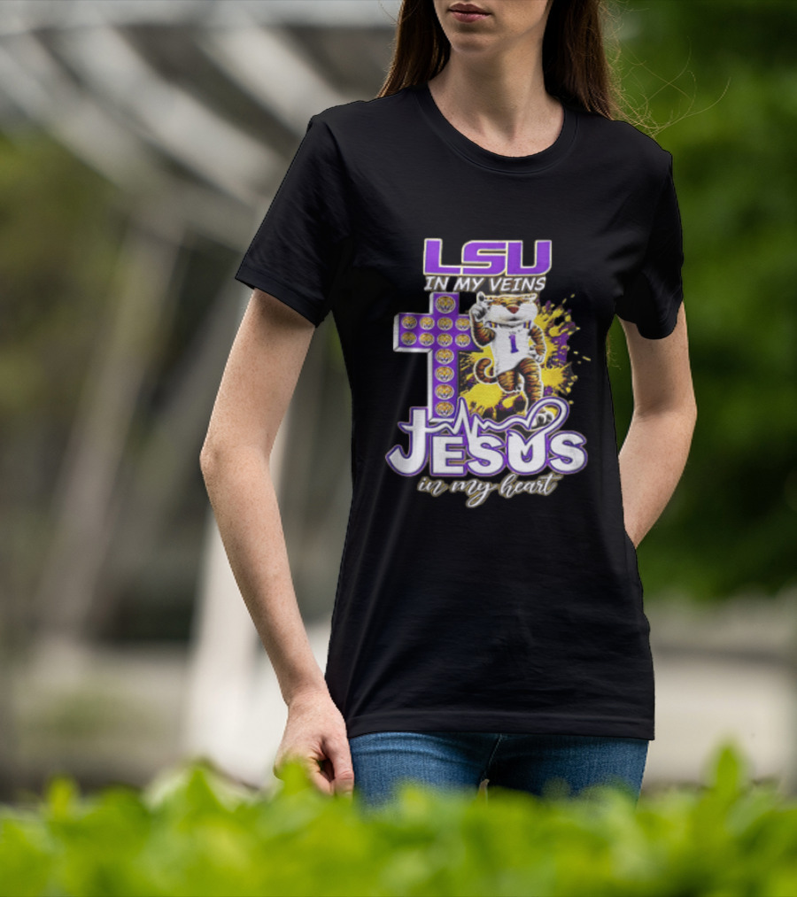 LSU In My Veins Jesus In My Heart Tiger Purple Cross EKG T-Shirt
