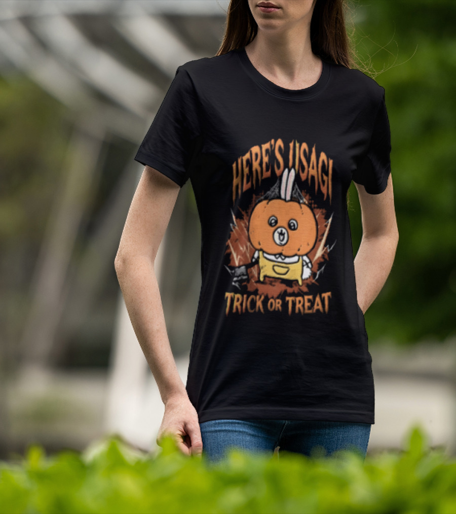 Here's Usagi Trick Or Treat Pumpkin Rabbit With Axe Halloween T-Shirt