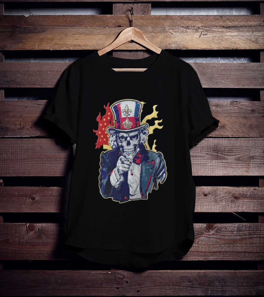 New Orleans Pelicans Skeleton Uncle Sam Pointing American Flag Fleur De Lis T-Shirt