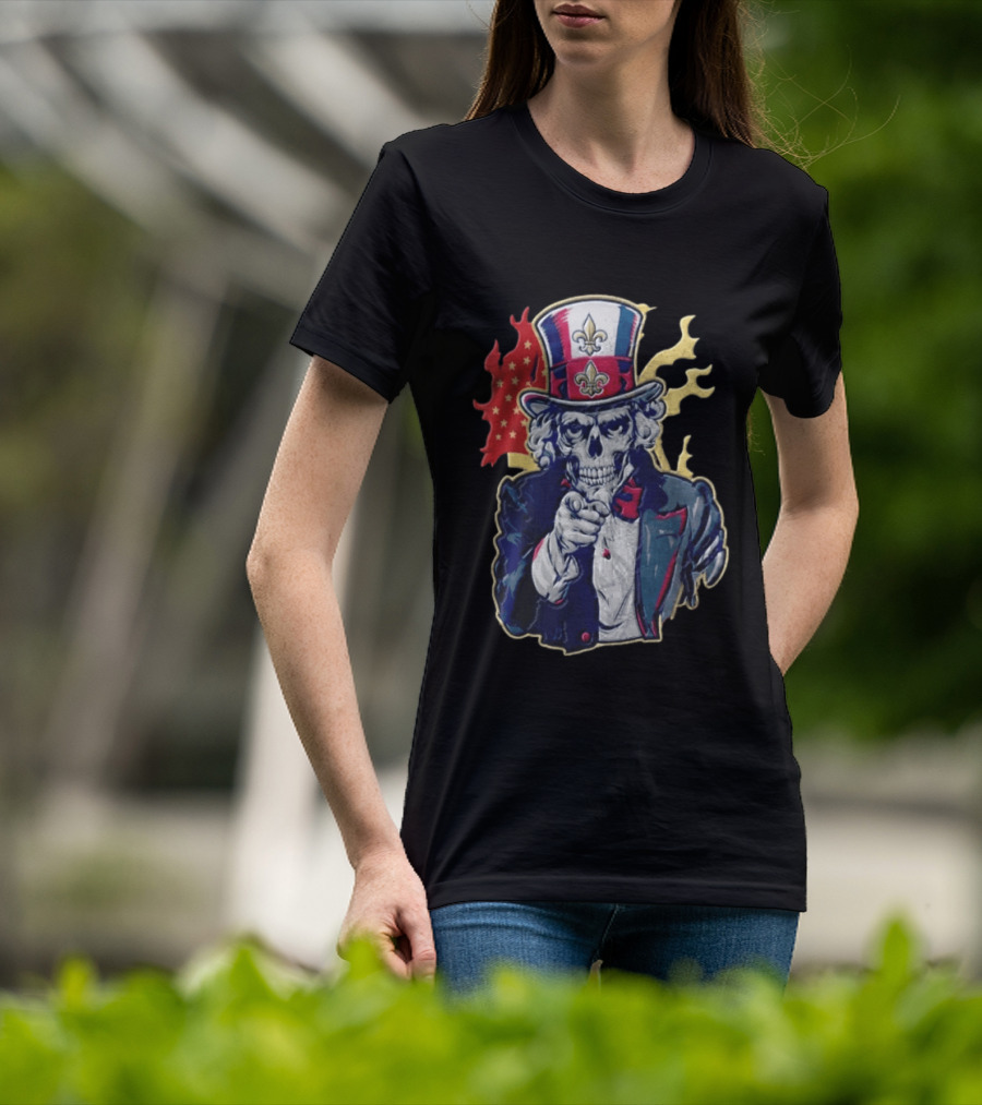 New Orleans Pelicans Skeleton Uncle Sam Pointing American Flag Fleur De Lis T-Shirt