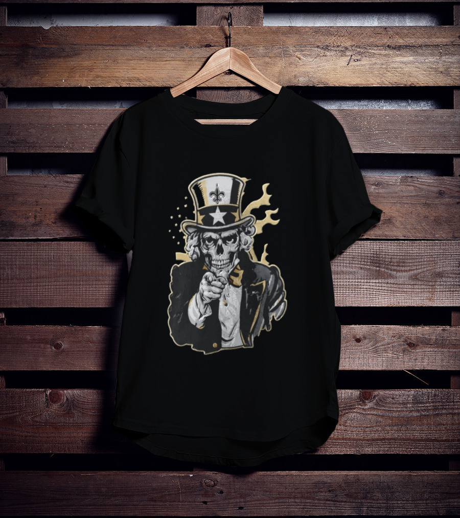 New Orleans Saints Skeleton Uncle Sam Pointing Fleur De Lis American Flag T-Shirt