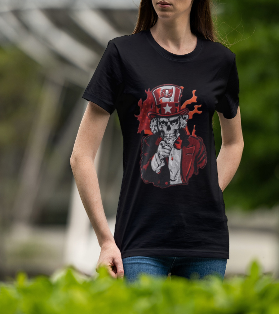 Tampa Bay Buccaneers Uncle Sam Skull American Flag Flames T-Shirt
