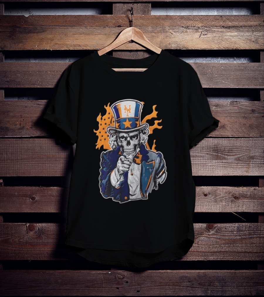 New York Mets Uncle Sam Skeleton Top Hat Stars Flames T-Shirt