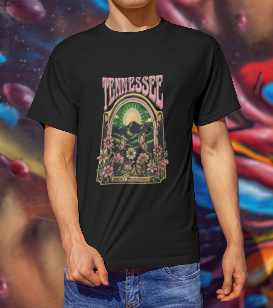 Tennessee Smoky Mountains Sunrise With Butterflies And Flowers T-Shirt