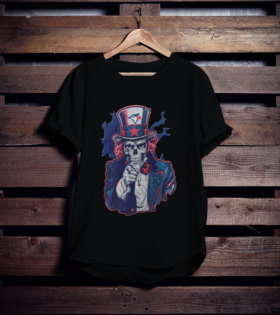 Toronto Blue Jays Skeleton Uncle Sam Pointing American Flag Bird Head Maple Leaf T-Shirt