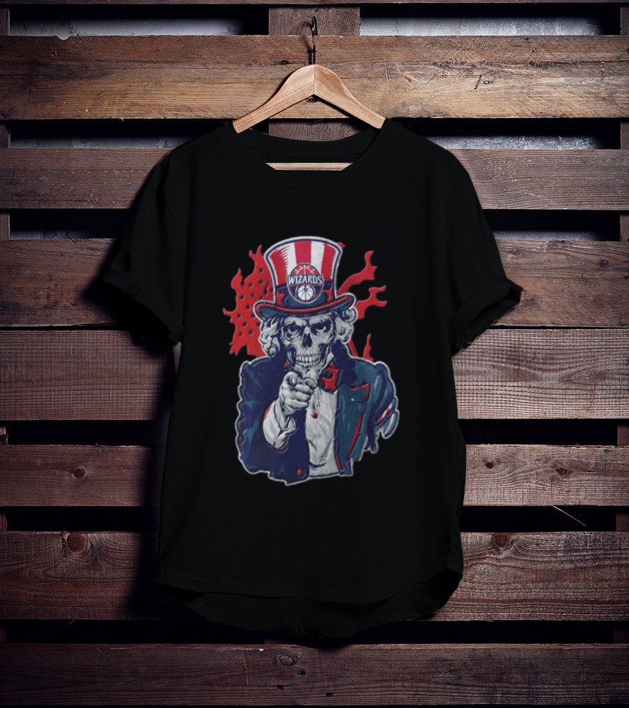 Washington Wizards Skeleton Uncle Sam Pointing Flames American Flag T-Shirt
