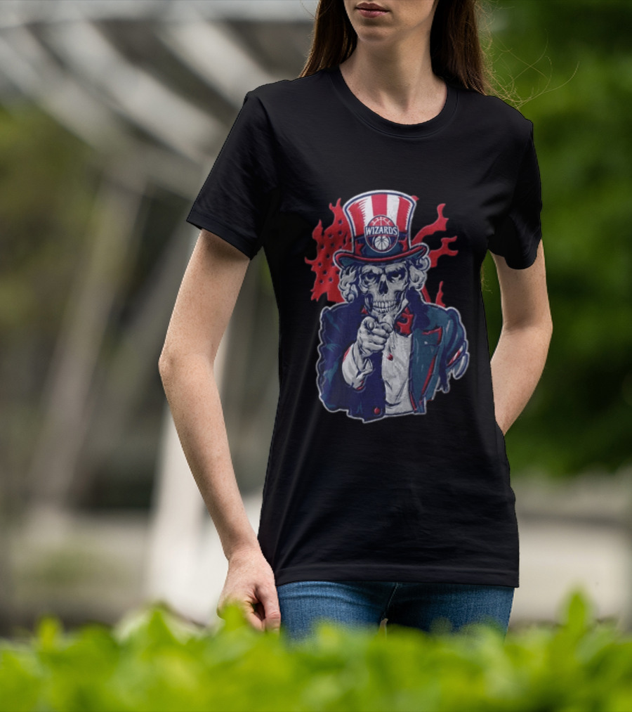 Washington Wizards Skeleton Uncle Sam Pointing Flames American Flag T-Shirt