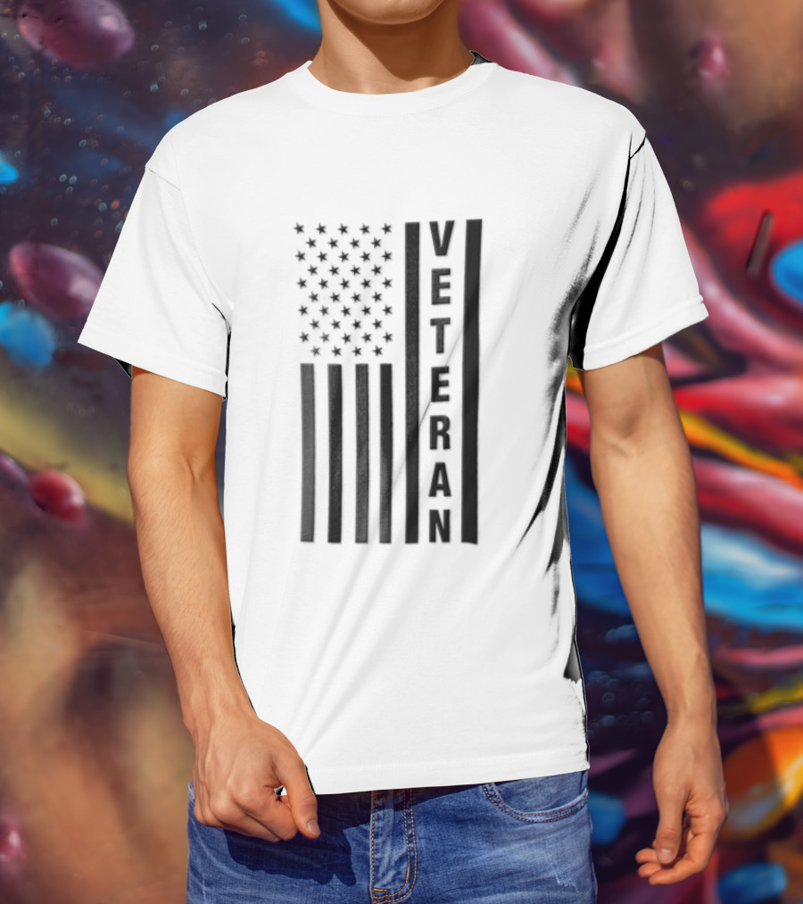 Veteran Vertical Monochrome US Flag Black Stars Stripes T-Shirt