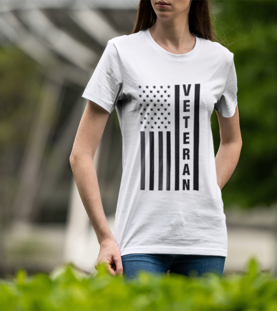 Veteran Vertical Monochrome US Flag Black Stars Stripes T-Shirt