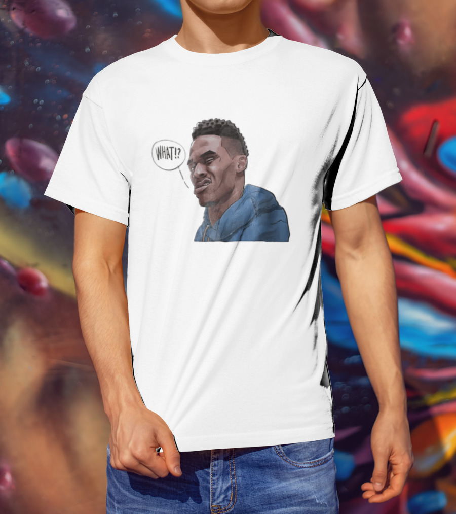 Russell Westbrook Cartoon Caricature Confused Face What Speech Bubble Blue T-Shirt