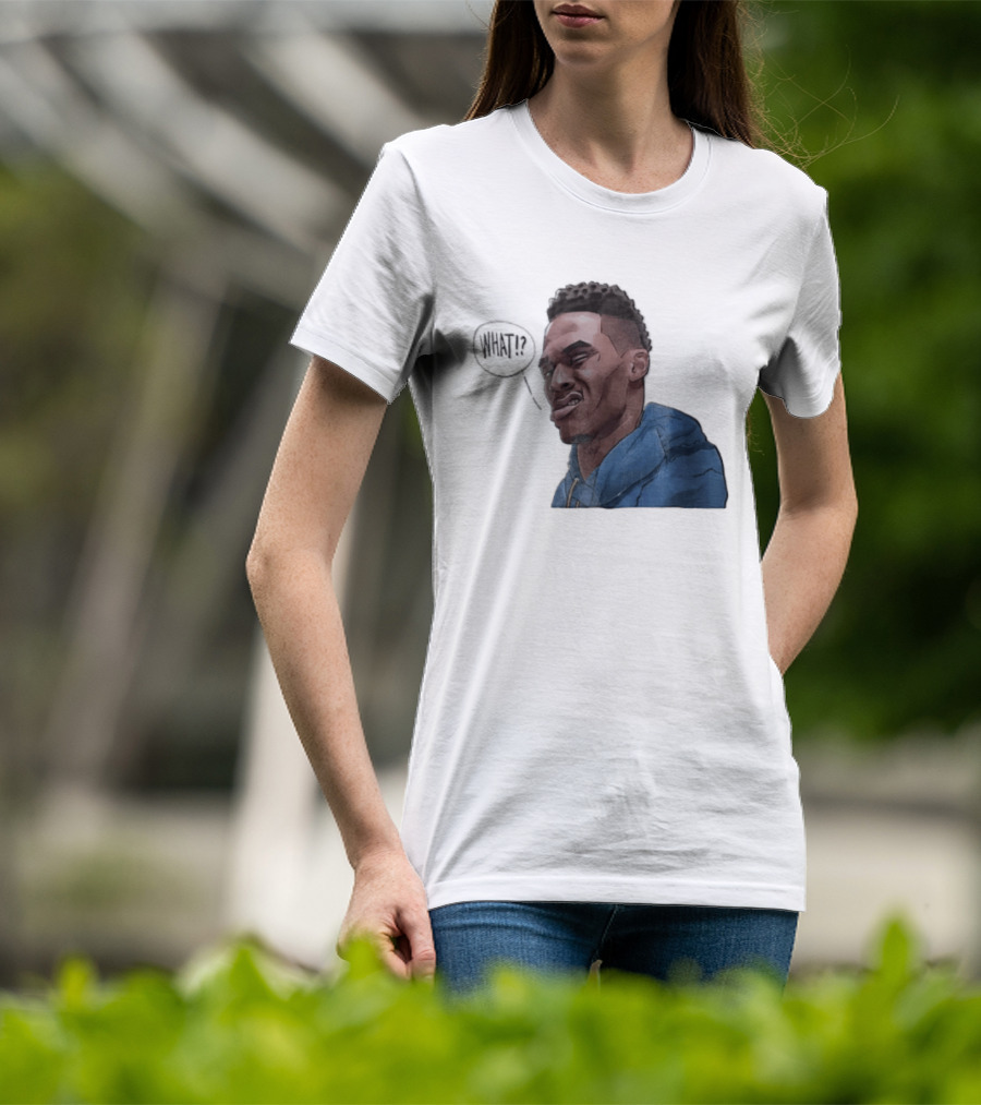 Russell Westbrook Cartoon Caricature Confused Face What Speech Bubble Blue T-Shirt