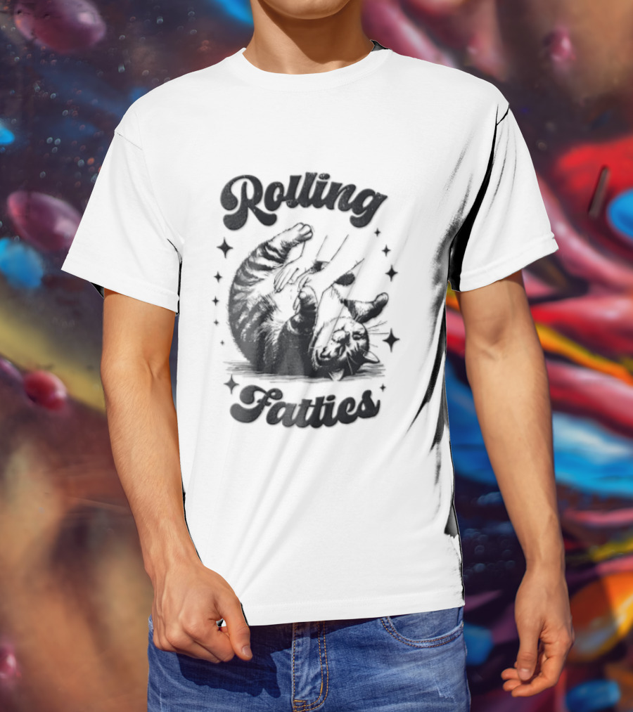 Rolling Fatties Chubby Tabby Cat Belly Rub Stars Line T-Shirt