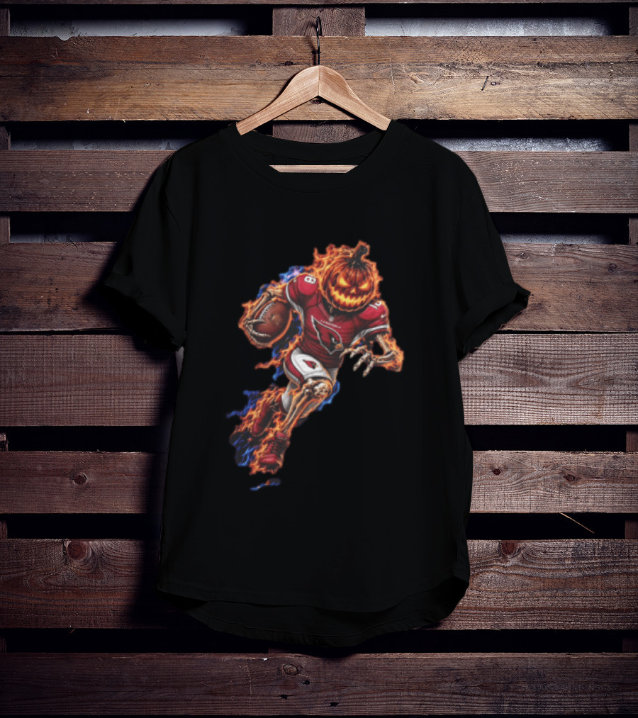 Arizona Cardinals Flaming Pumpkin Head Skeleton Football Player Halloween T-Shirt