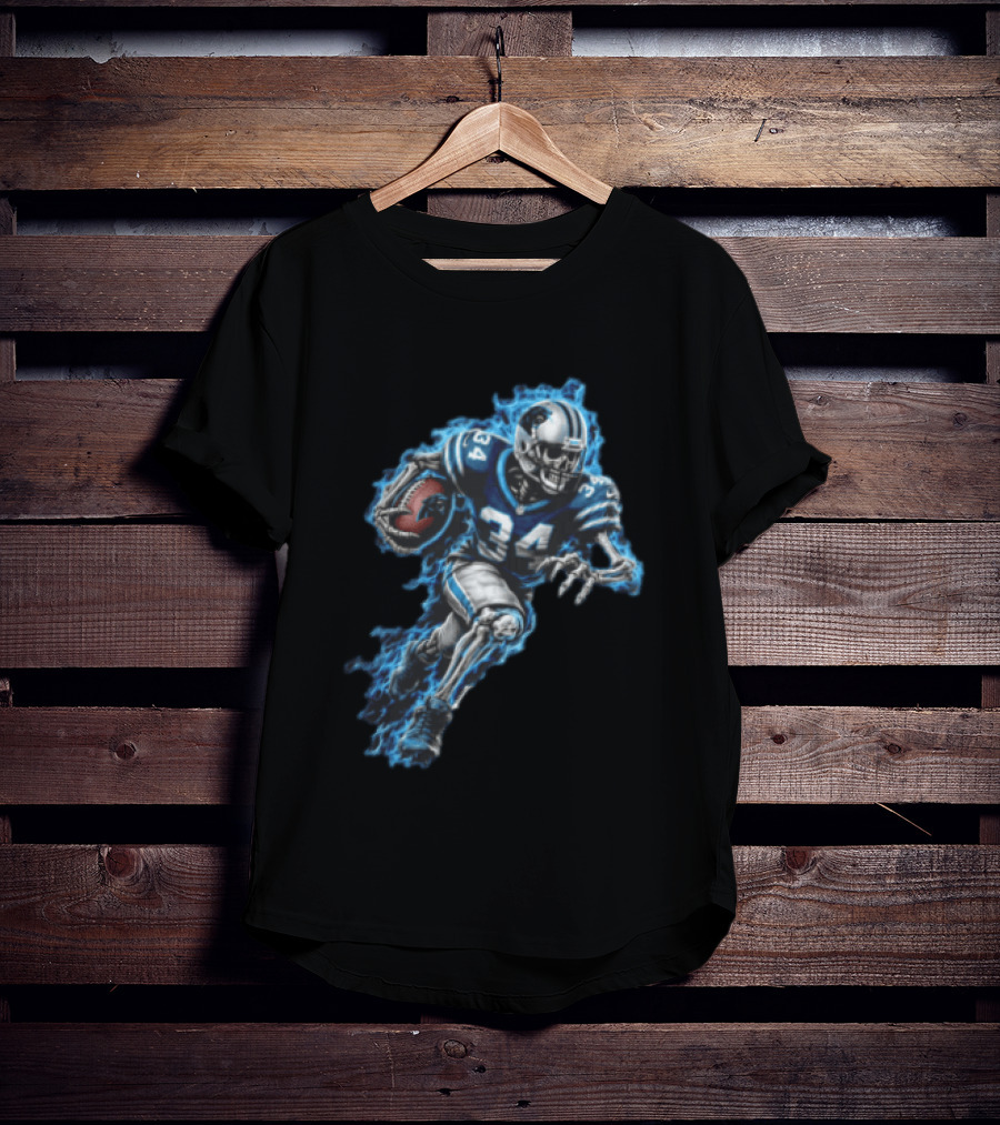 Carolina Panthers Skeleton Running Back 34 Blue Flames Football T-Shirt