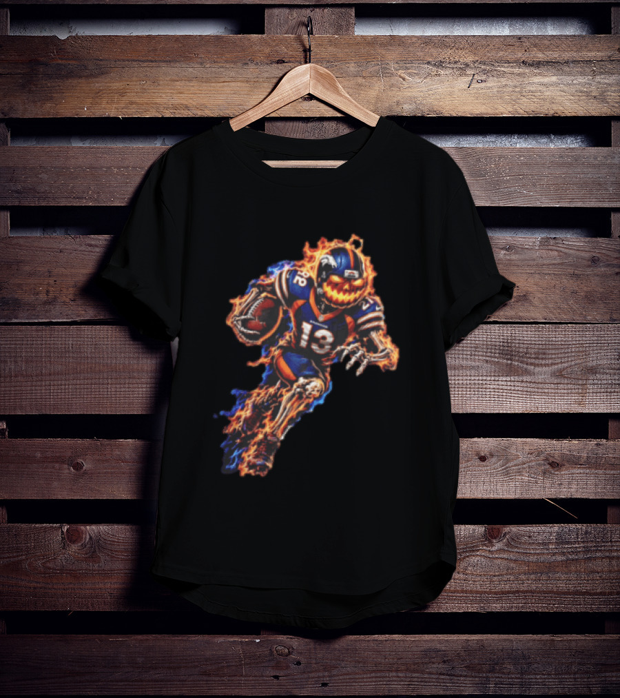 Denver Broncos Fiery Pumpkin Head Skeleton Football Player T-Shirt