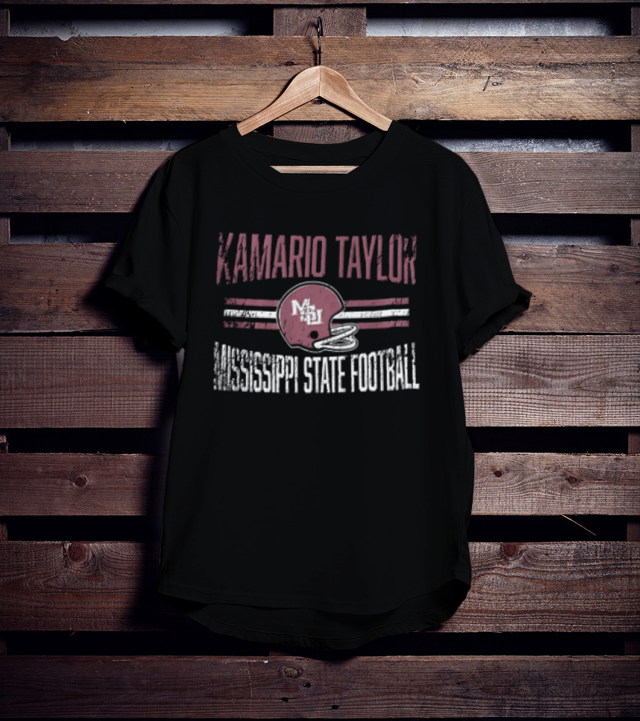 Kamario Taylor Mississippi State Bulldogs NCAA Football Distressed Helmet Horizontal Stripes T-Shirt