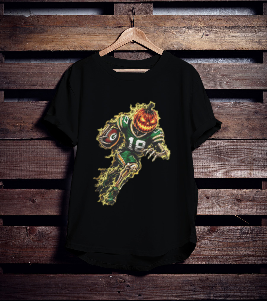 Green Bay Packers Halloween Pumpkin Head Skeleton Football Player Running T-Shirt