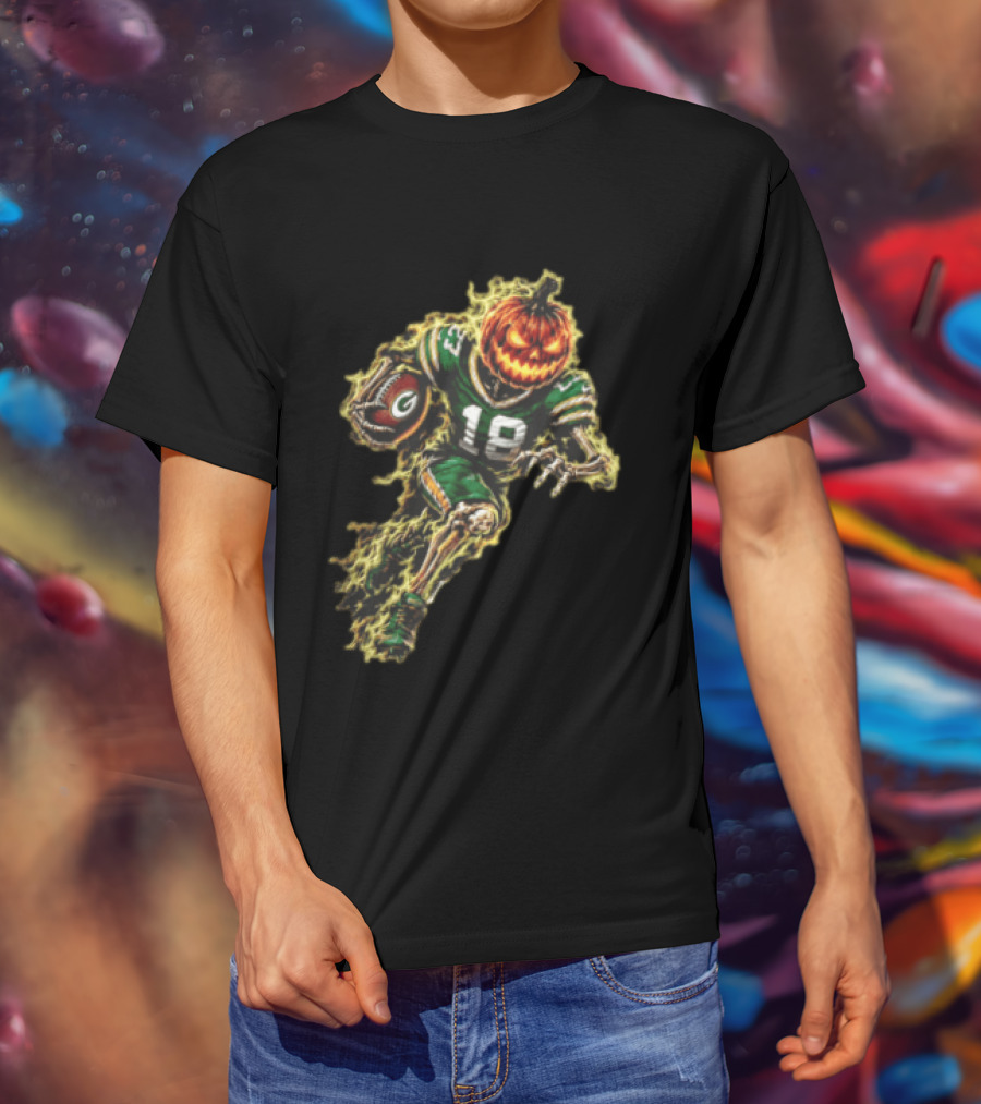Green Bay Packers Halloween Pumpkin Head Skeleton Football Player Running T-Shirt