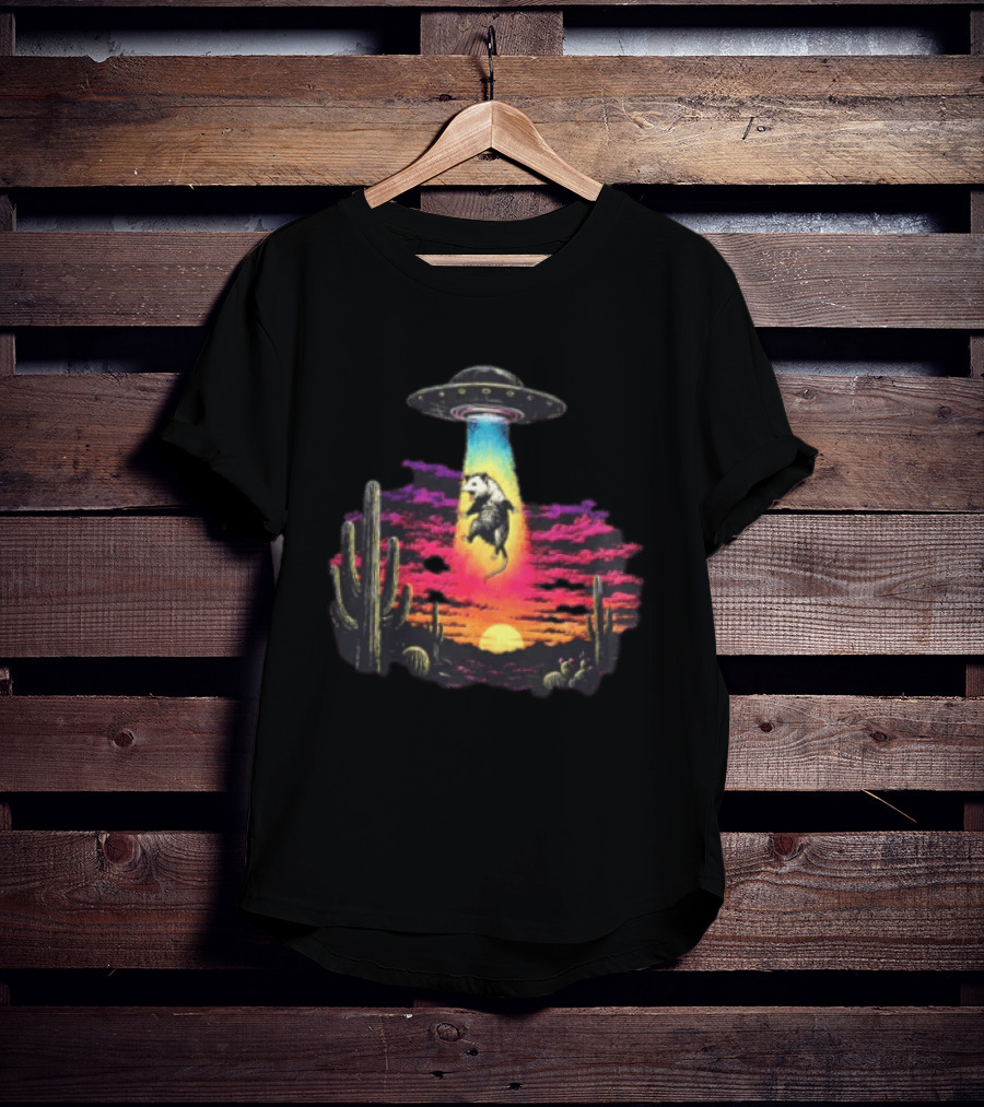 UFO Opossum Abduction In Desert Sunset Scene With Cacti And Colorful Sky T-Shirt