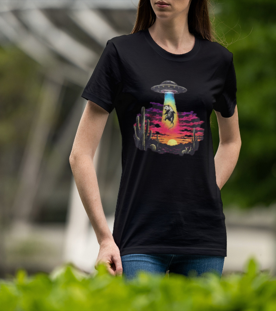 UFO Opossum Abduction In Desert Sunset Scene With Cacti And Colorful Sky T-Shirt