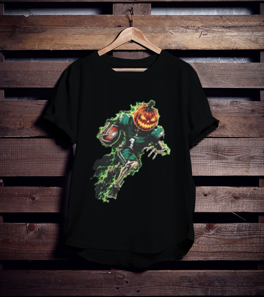 Philadelphia Eagles Pumpkin Head Skeleton Player Green Flames Football T-Shirt