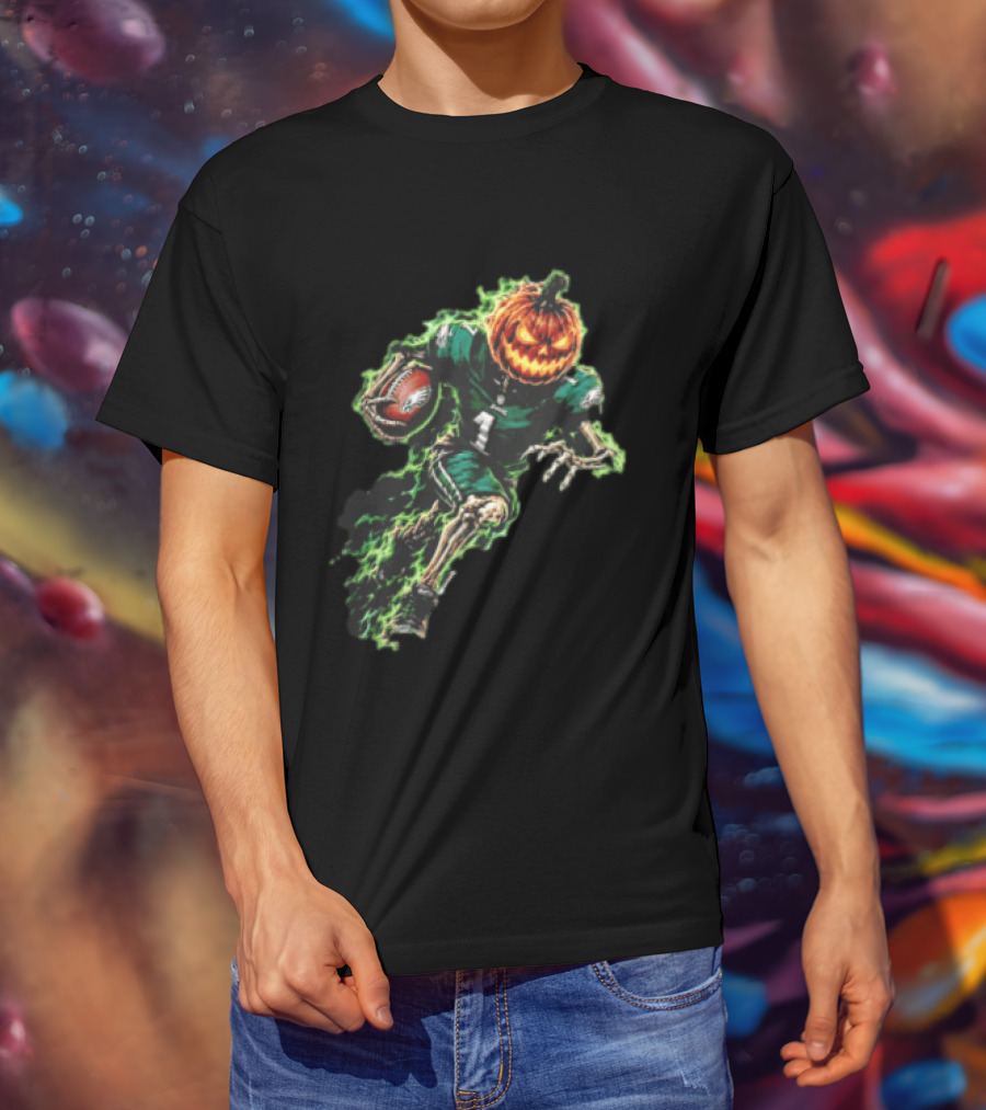 Philadelphia Eagles Pumpkin Head Skeleton Player Green Flames Football T-Shirt