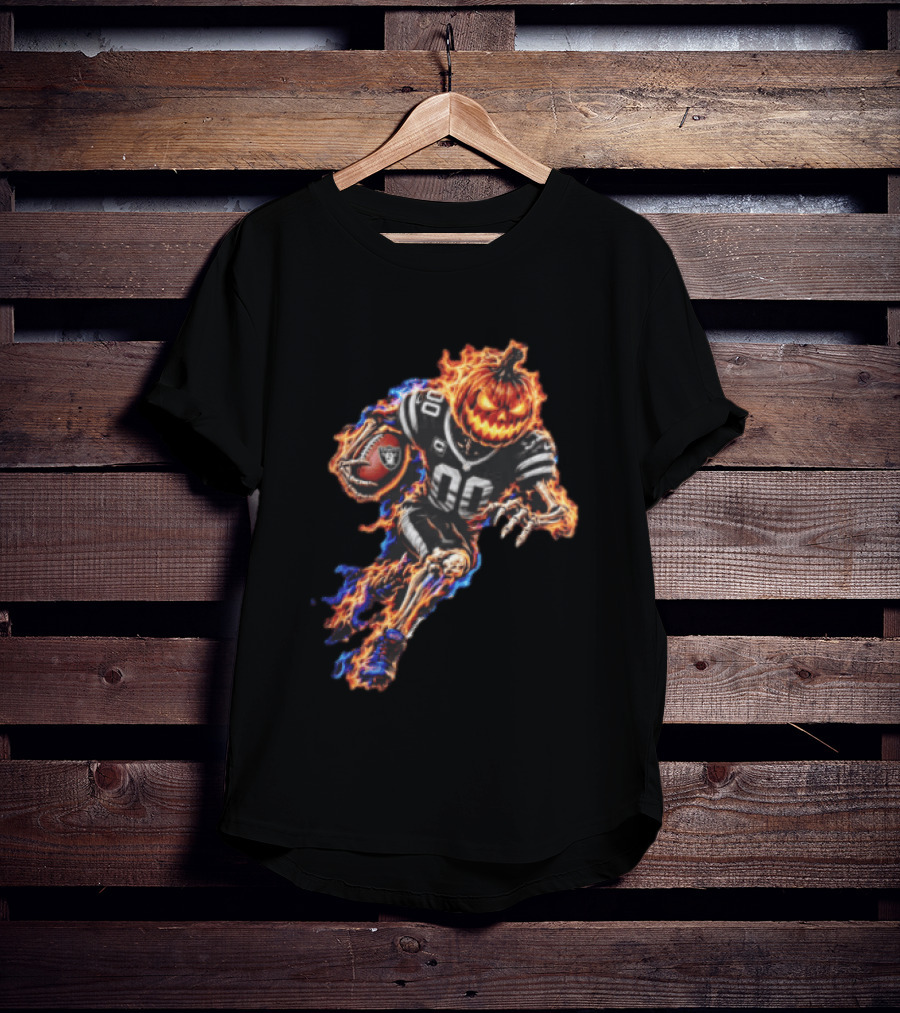 Las Vegas Raiders Flaming Pumpkin Skeleton Football Player Halloween T-Shirt