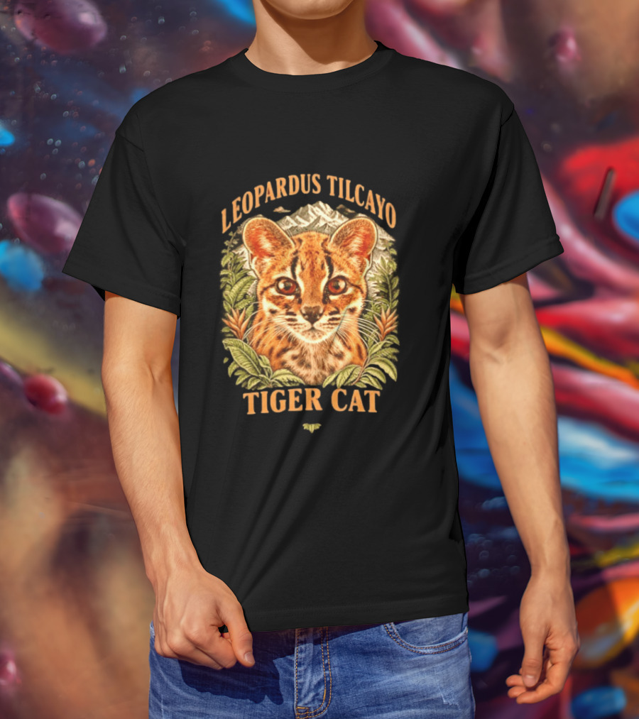 Leopardus Tilcayo Tiger Cat Wildlife Art With Foliage And Mountain T-Shirt
