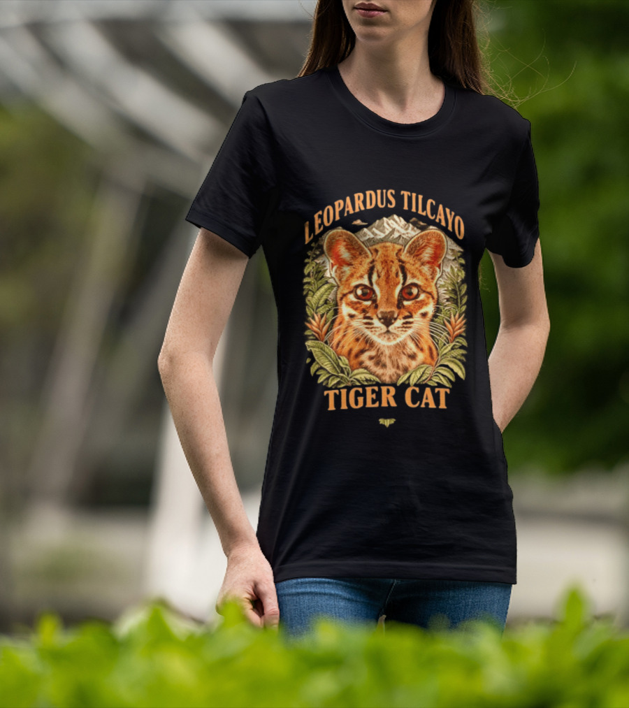 Leopardus Tilcayo Tiger Cat Wildlife Art With Foliage And Mountain T-Shirt