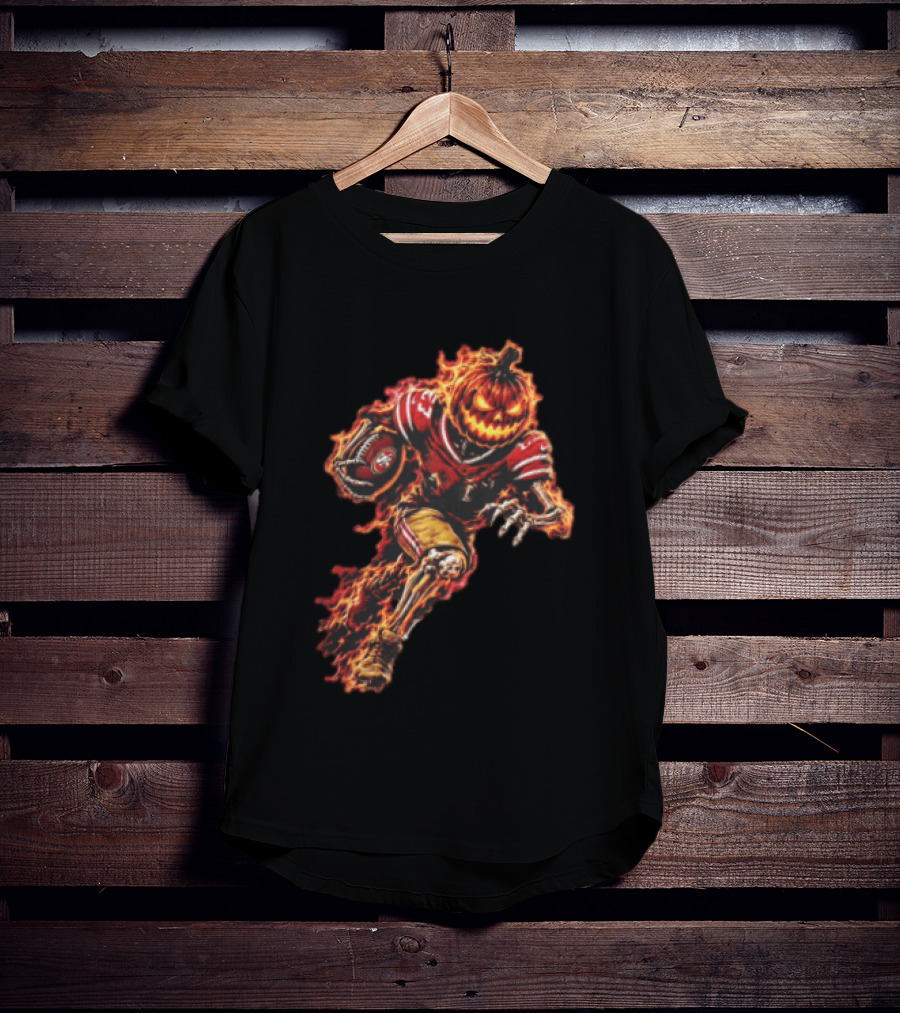 San Francisco 49ers Halloween Fiery Pumpkin Head Skeleton Football Player T-Shirt
