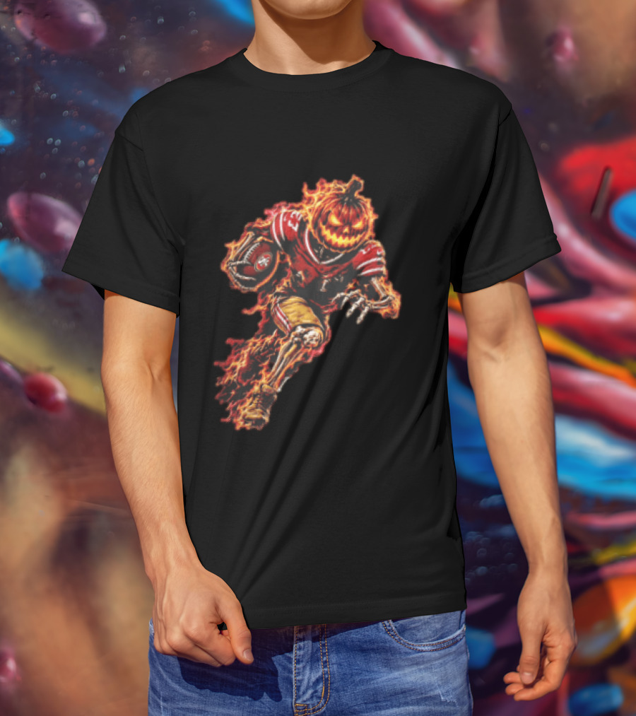 San Francisco 49ers Halloween Fiery Pumpkin Head Skeleton Football Player T-Shirt