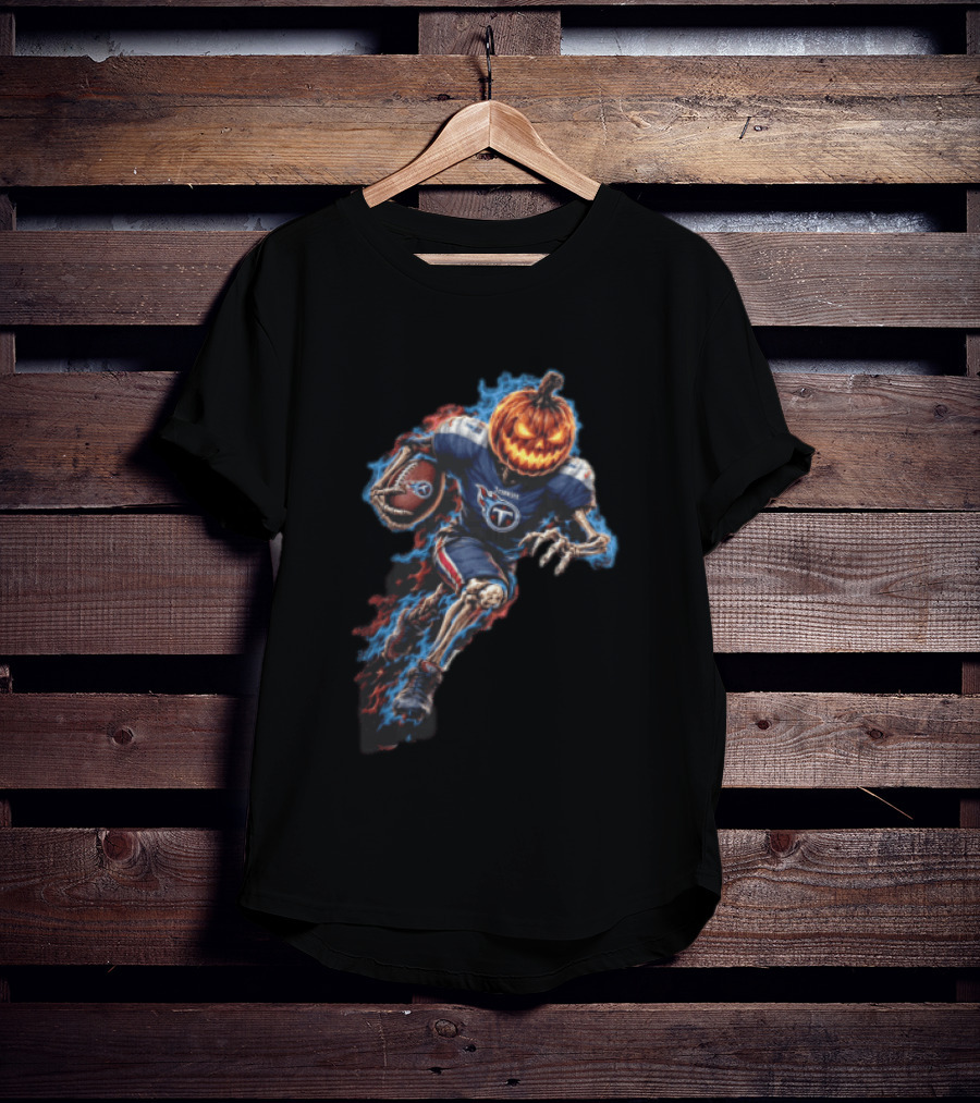 Tennessee Titans Pumpkin Head Skeleton Football Player Blue Flames Halloween NFL T-Shirt