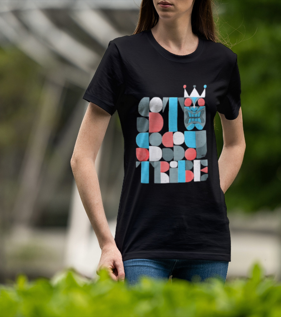 Tribe Crowned Tiki Mask Geometric Color Block T-Shirt