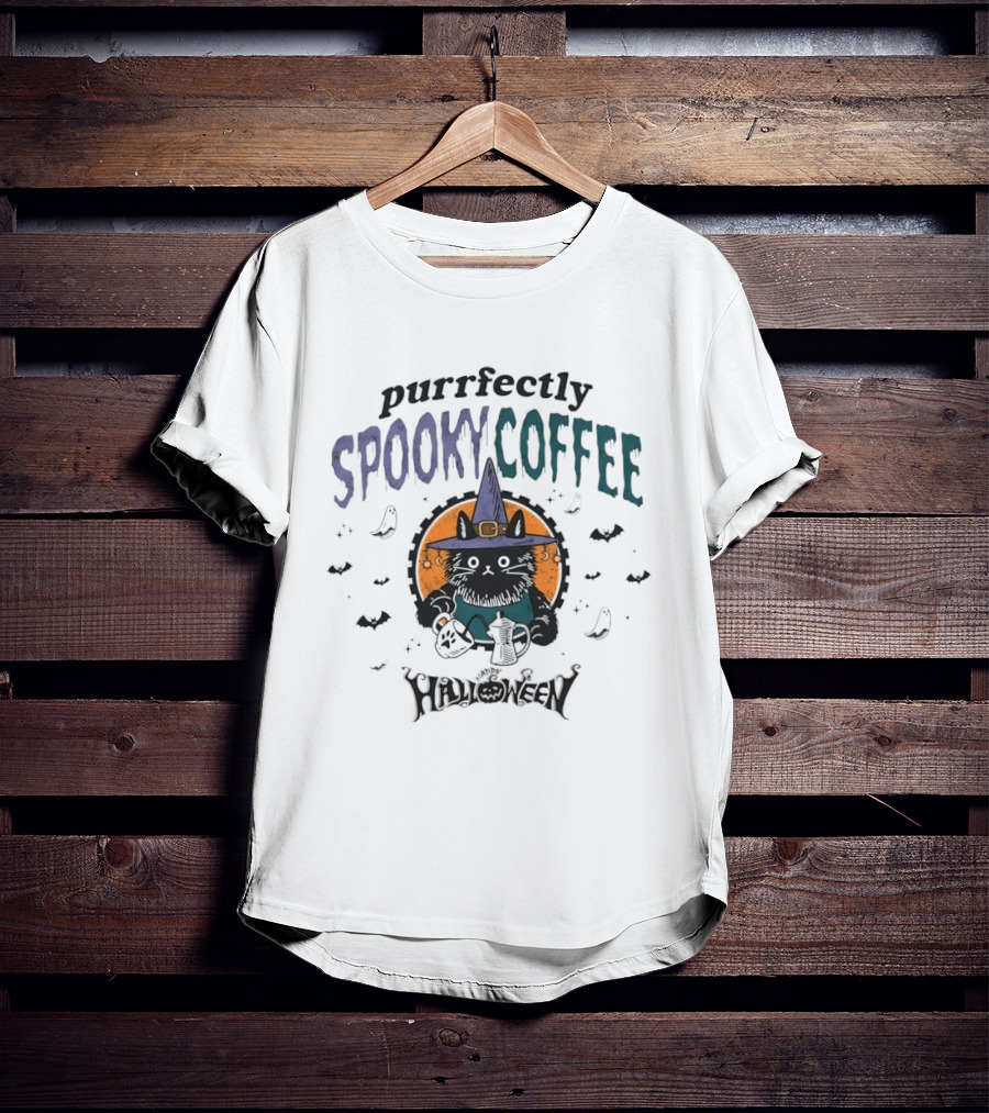 Purrfectly Spooky Coffee Witch Cat Halloween T-Shirt
